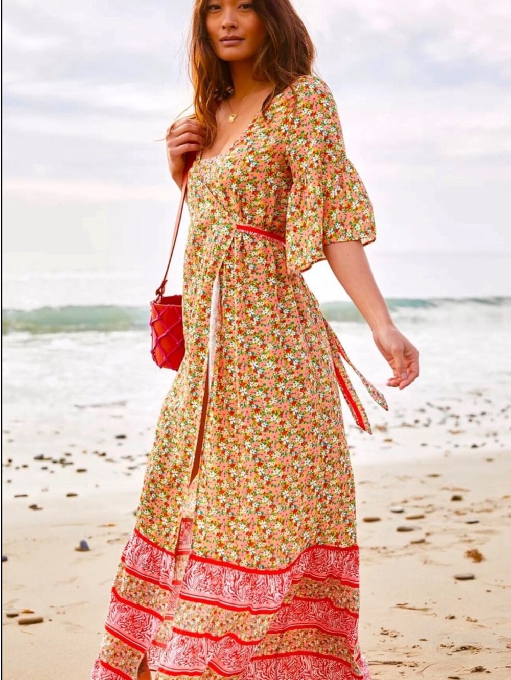 Maaji Coral Floral V-Neck Maxi Dress with Tie Waist